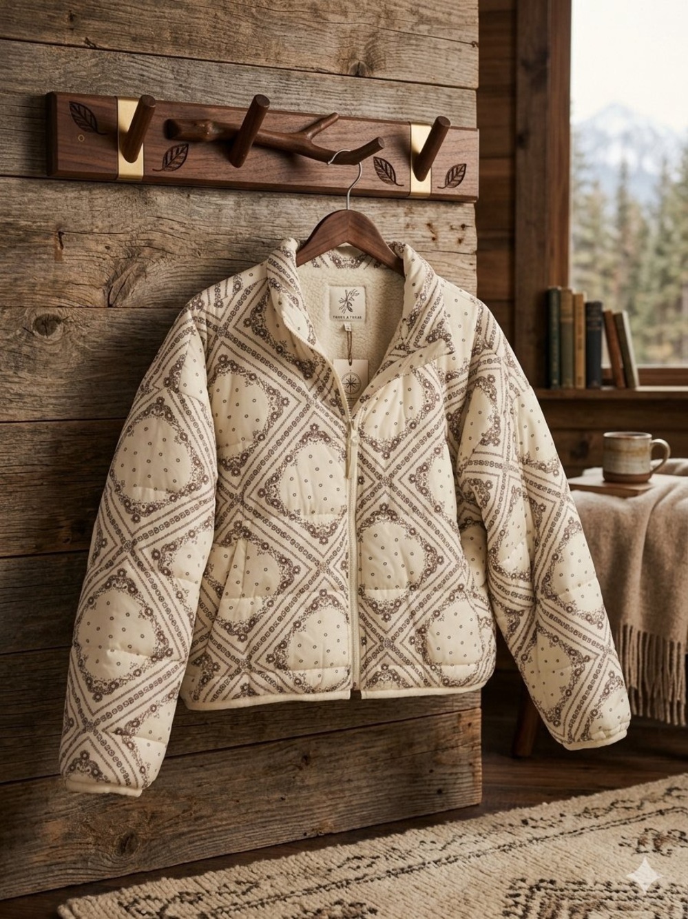Altar'd State Cream Bandana-Print Quilted Puffer Jacket